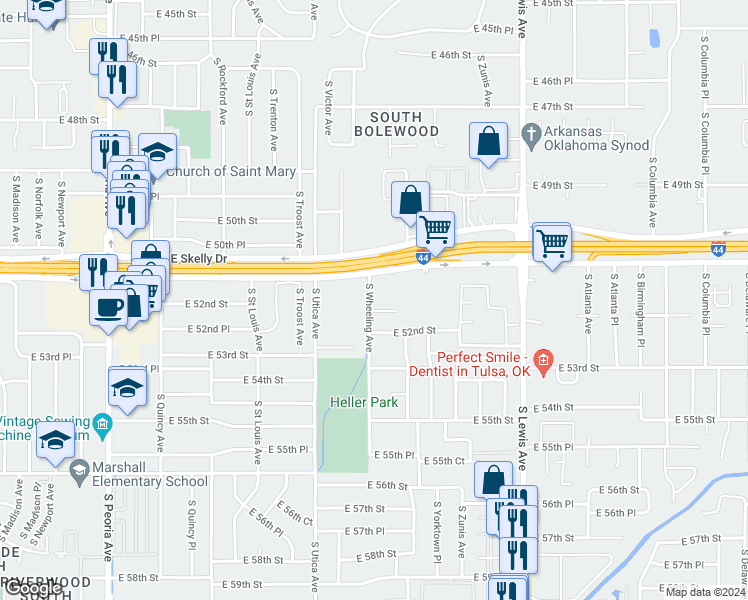 map of restaurants, bars, coffee shops, grocery stores, and more near 5131 South Wheeling Avenue in Tulsa