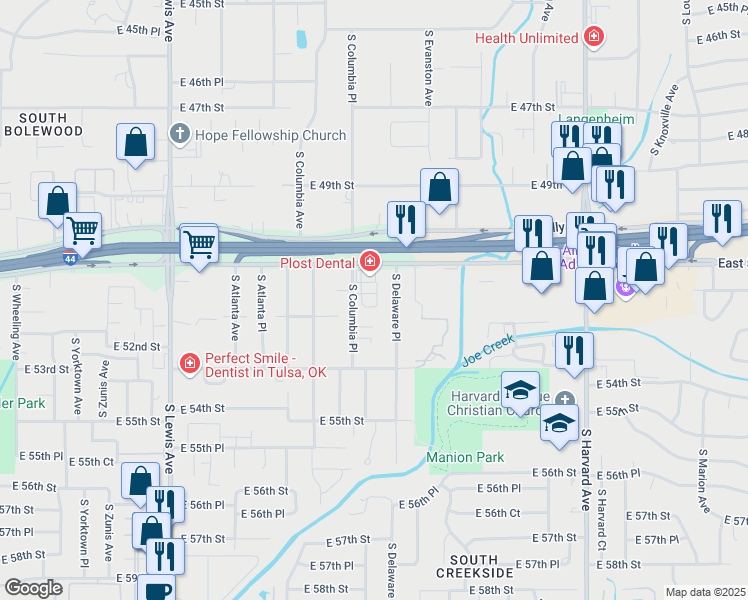 map of restaurants, bars, coffee shops, grocery stores, and more near 5130 South Delaware Avenue in Tulsa