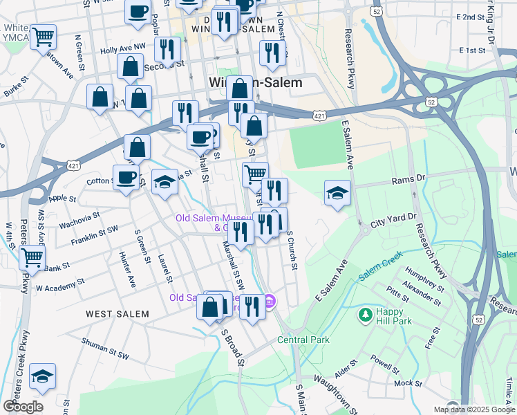 map of restaurants, bars, coffee shops, grocery stores, and more near 508 Salt Street in Winston-Salem
