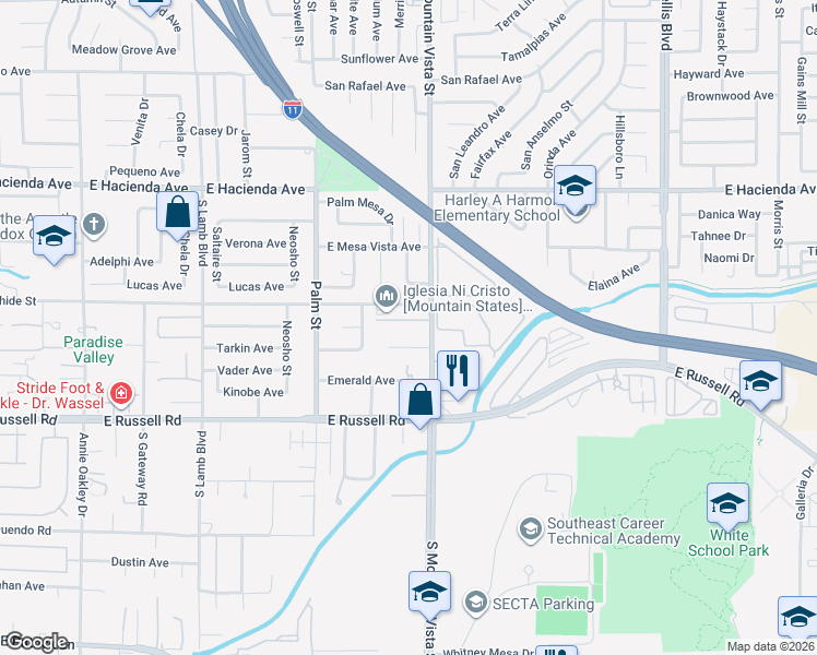map of restaurants, bars, coffee shops, grocery stores, and more near 5547 South Mountain Vista Street in Las Vegas