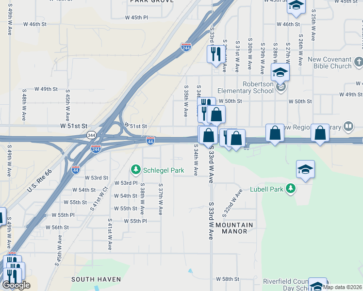 map of restaurants, bars, coffee shops, grocery stores, and more near 5139 South 36th West Avenue in Tulsa