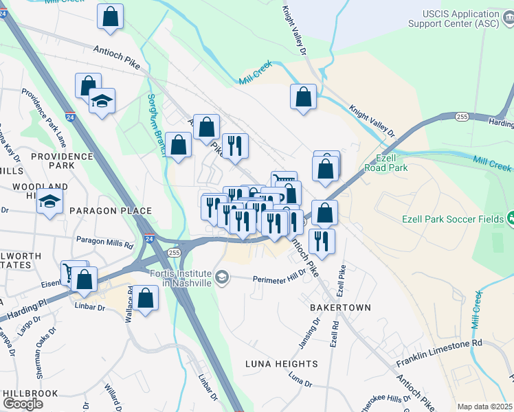 map of restaurants, bars, coffee shops, grocery stores, and more near 1261 Antioch Pike in Nashville