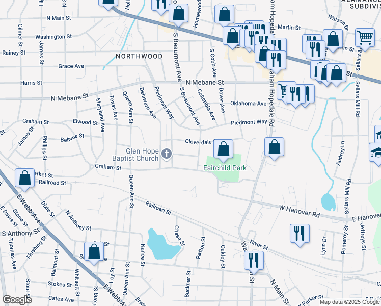 map of restaurants, bars, coffee shops, grocery stores, and more near 1336 Parker Street in Burlington