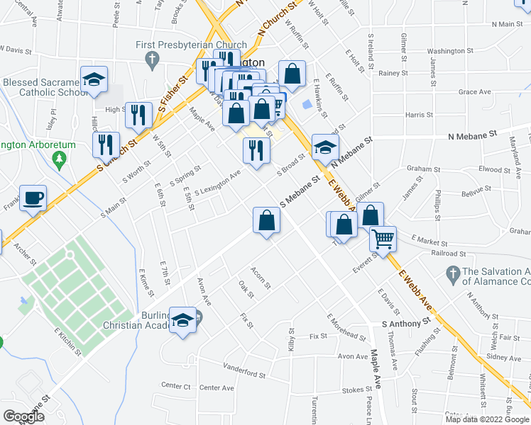 map of restaurants, bars, coffee shops, grocery stores, and more near 509 South Mebane Street in Burlington
