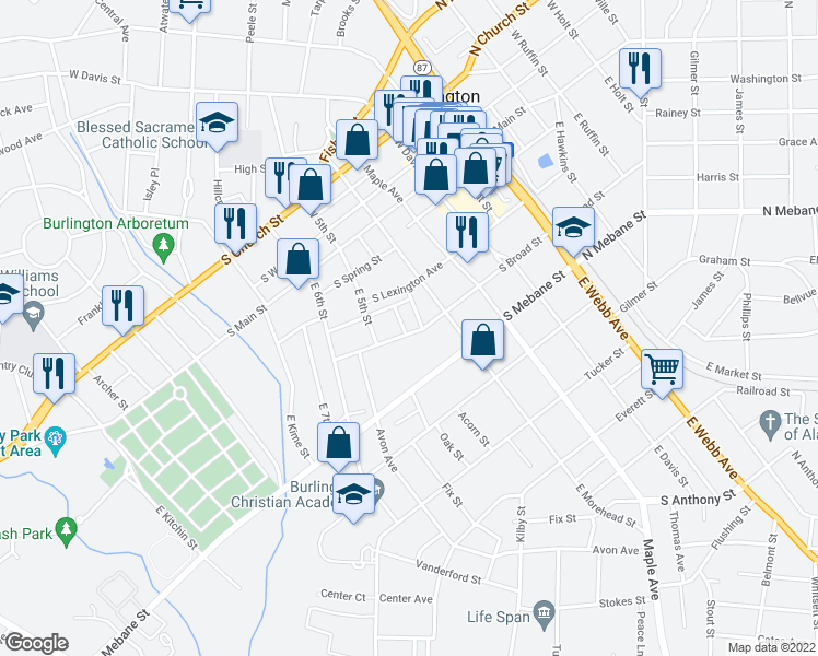 map of restaurants, bars, coffee shops, grocery stores, and more near 711 South Broad Street in Burlington