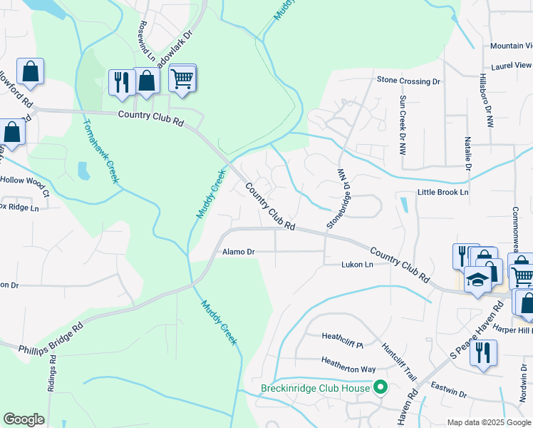 map of restaurants, bars, coffee shops, grocery stores, and more near 205 Driftwood Lane in Winston-Salem