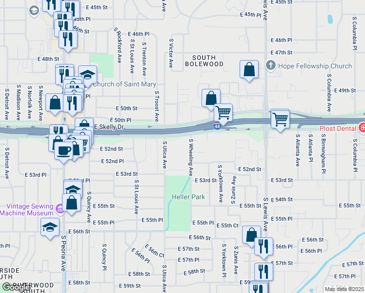 map of restaurants, bars, coffee shops, grocery stores, and more near 5140 South Wheeling Avenue in Tulsa