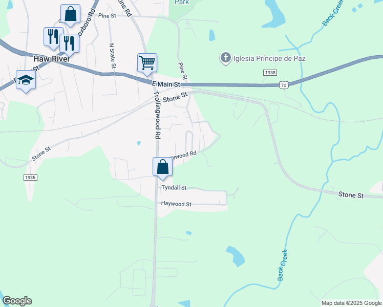map of restaurants, bars, coffee shops, grocery stores, and more near 1412 Terrywood Rd in Mebane