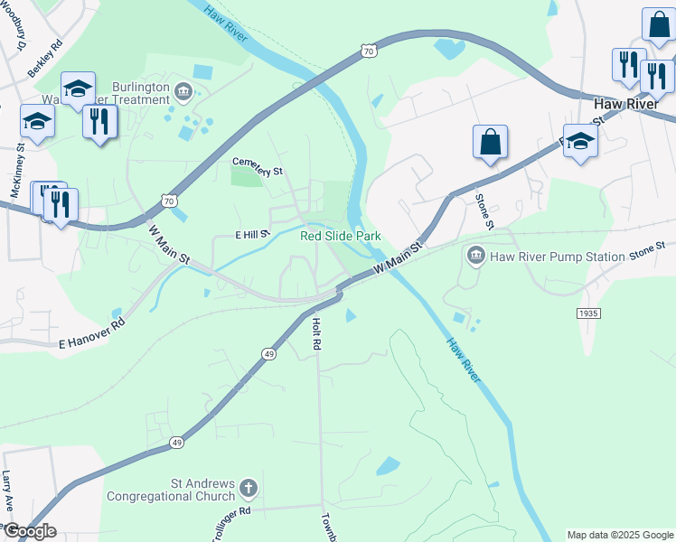 map of restaurants, bars, coffee shops, grocery stores, and more near 207 Clayton Place in Haw River