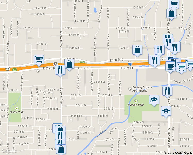 map of restaurants, bars, coffee shops, grocery stores, and more near 5134 South Columbia Avenue in Tulsa