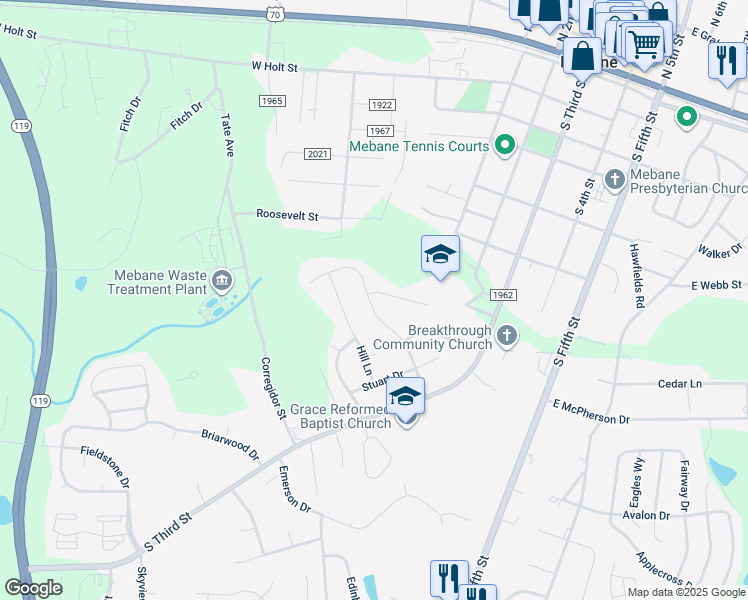 map of restaurants, bars, coffee shops, grocery stores, and more near in Mebane