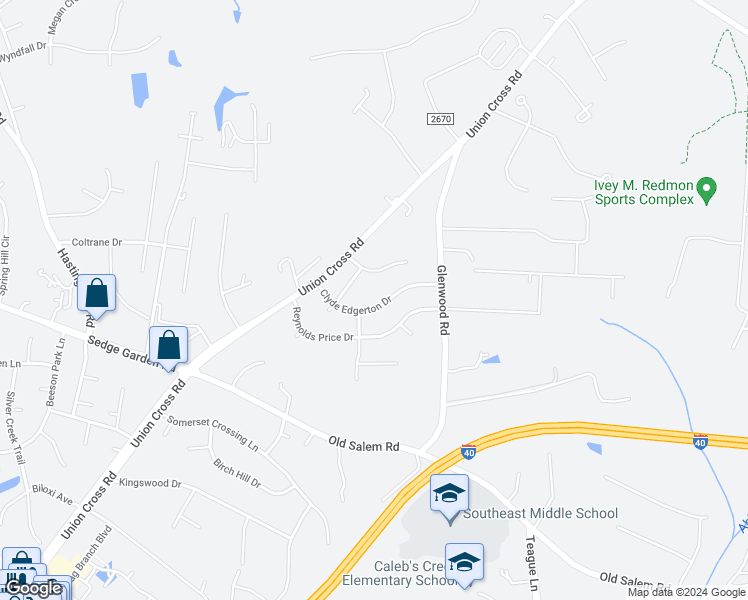 map of restaurants, bars, coffee shops, grocery stores, and more near 1113 Clyde Edgerton Drive in Kernersville