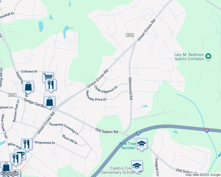 map of restaurants, bars, coffee shops, grocery stores, and more near 1113 Clyde Edgerton Drive in Kernersville