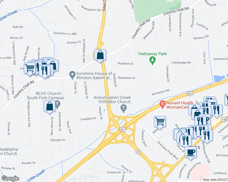 map of restaurants, bars, coffee shops, grocery stores, and more near 332 Keating Drive in Winston-Salem