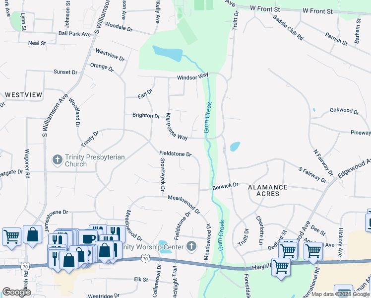 map of restaurants, bars, coffee shops, grocery stores, and more near 455 Fieldstone Drive in Burlington