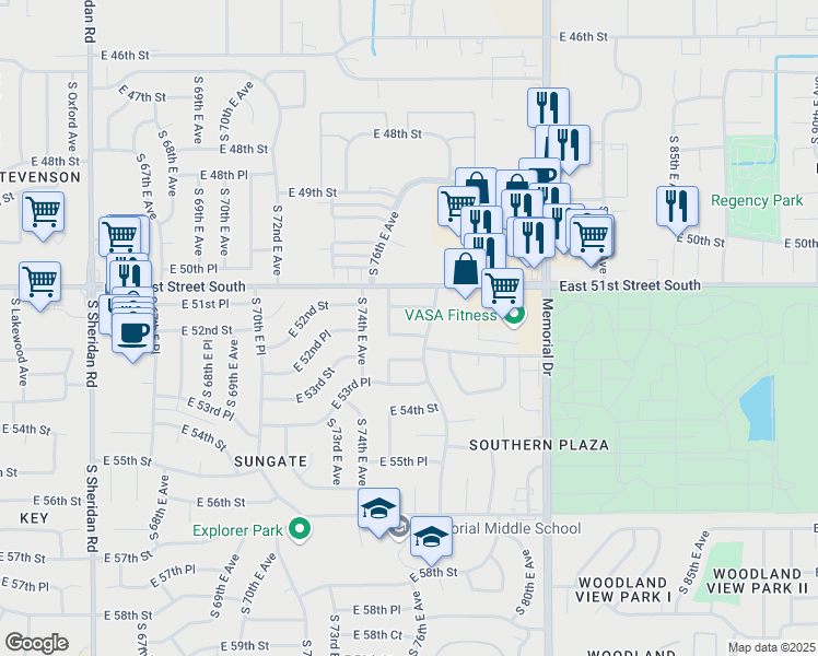 map of restaurants, bars, coffee shops, grocery stores, and more near 7525 East 52nd Place in Tulsa