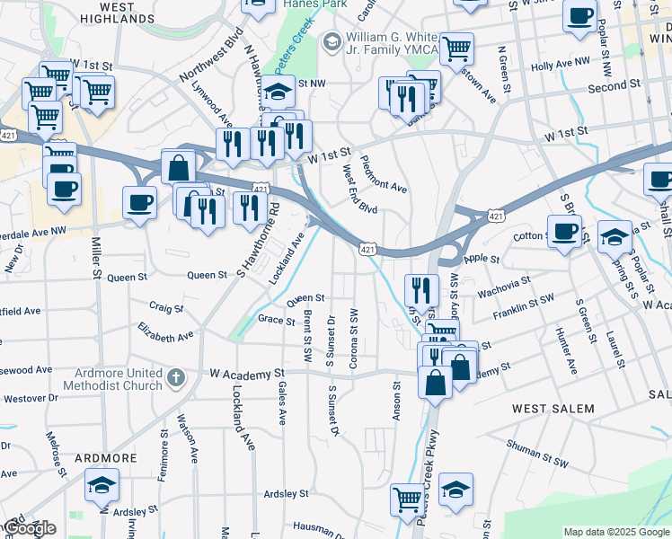 map of restaurants, bars, coffee shops, grocery stores, and more near 1521 Seneca Street Southwest in Winston-Salem
