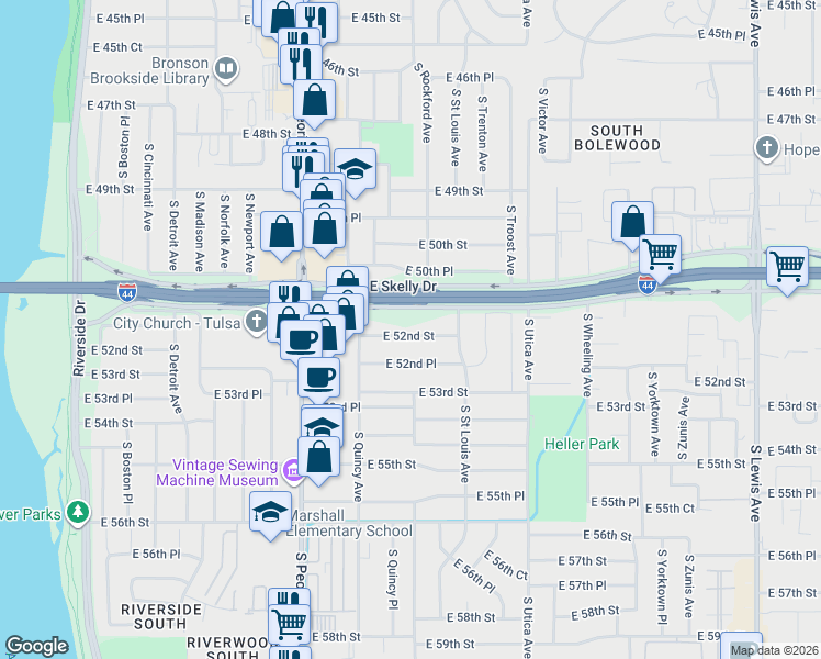map of restaurants, bars, coffee shops, grocery stores, and more near 1445 East 52nd Street in Tulsa