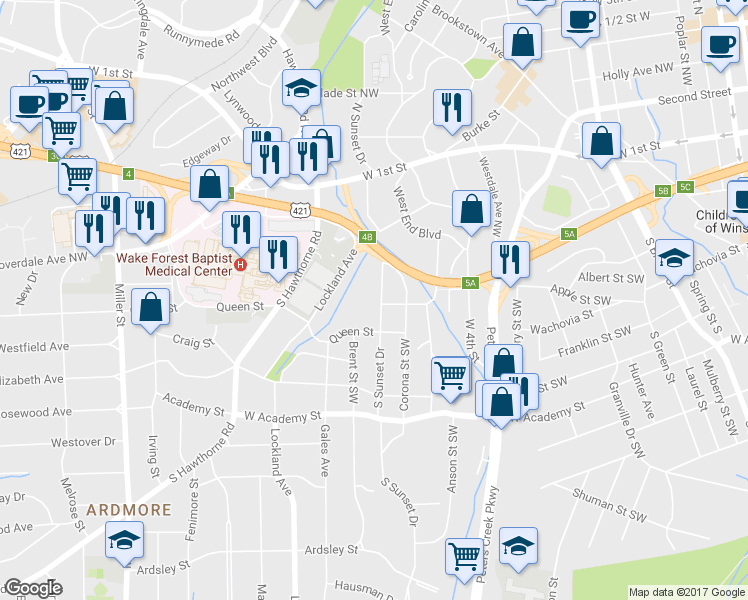 map of restaurants, bars, coffee shops, grocery stores, and more near 268 South Sunset Drive in Winston-Salem