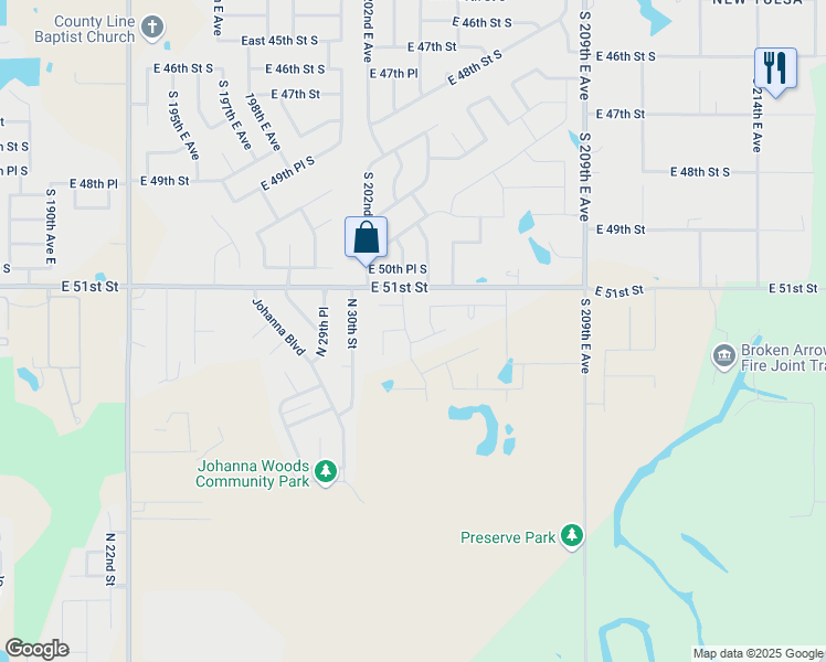 map of restaurants, bars, coffee shops, grocery stores, and more near 3625 North 33rd Street in Broken Arrow