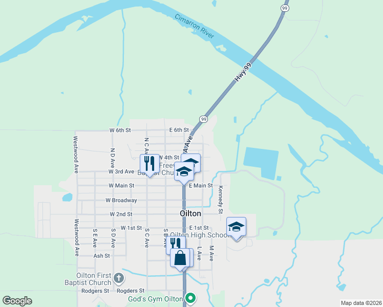 map of restaurants, bars, coffee shops, grocery stores, and more near 206 East 4th Street in Drumright