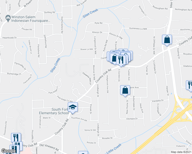 map of restaurants, bars, coffee shops, grocery stores, and more near 155 Coventry Park Lane in Winston-Salem