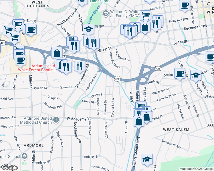 map of restaurants, bars, coffee shops, grocery stores, and more near in Winston-Salem