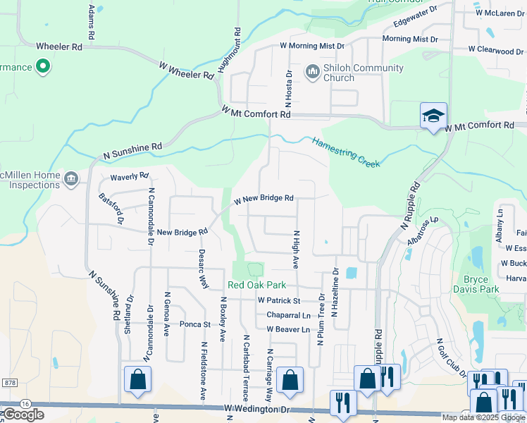 map of restaurants, bars, coffee shops, grocery stores, and more near 4476 West Sandingham Street in Fayetteville