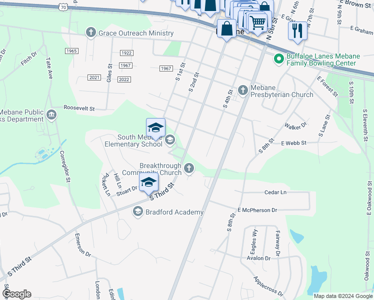 map of restaurants, bars, coffee shops, grocery stores, and more near 1113 South 3rd Street in Mebane