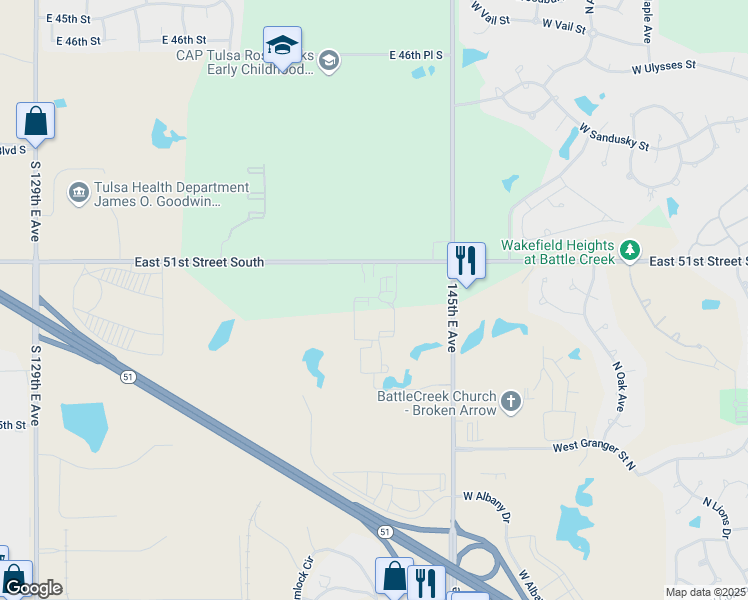 map of restaurants, bars, coffee shops, grocery stores, and more near 2401 West Omaha Street in Broken Arrow