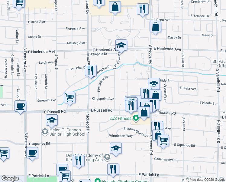 map of restaurants, bars, coffee shops, grocery stores, and more near 3175 Casanova Circle in Las Vegas