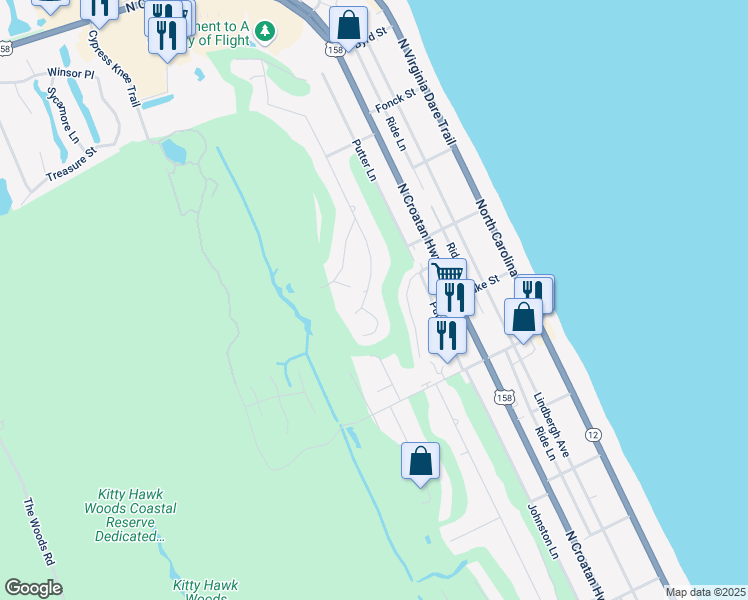 map of restaurants, bars, coffee shops, grocery stores, and more near 4807 Lunar Drive in Kitty Hawk