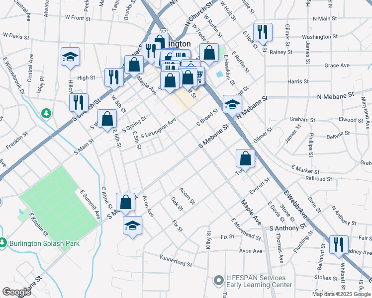 map of restaurants, bars, coffee shops, grocery stores, and more near 509 South Mebane Street in Burlington