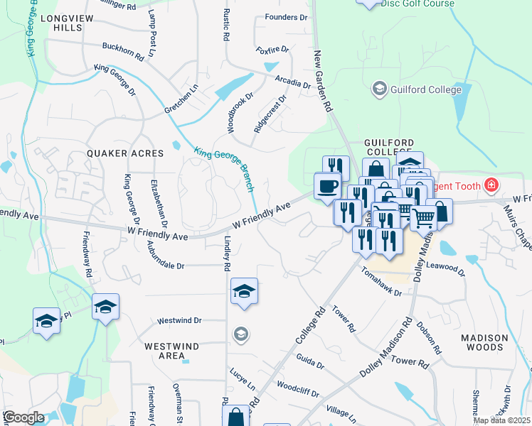 map of restaurants, bars, coffee shops, grocery stores, and more near 5939 Hunt Club Road in Greensboro