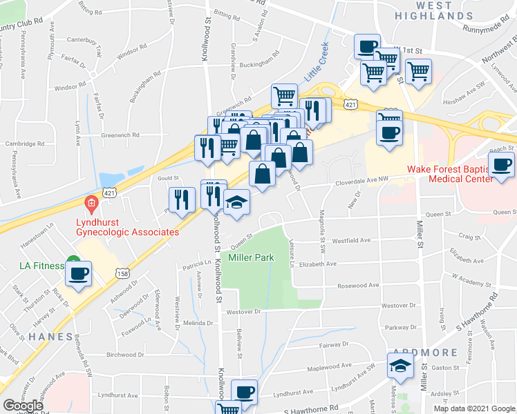 map of restaurants, bars, coffee shops, grocery stores, and more near 2519 Miller Park Circle in Winston-Salem