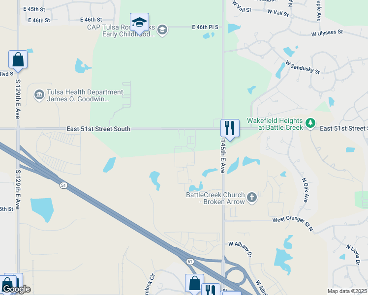 map of restaurants, bars, coffee shops, grocery stores, and more near 2401 West Omaha Street in Broken Arrow