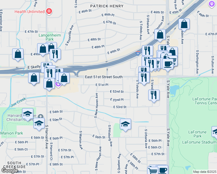 map of restaurants, bars, coffee shops, grocery stores, and more near 4016 East 51st Place in Tulsa