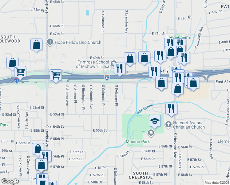 map of restaurants, bars, coffee shops, grocery stores, and more near 5130 South Delaware Avenue in Tulsa