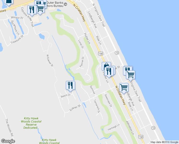 map of restaurants, bars, coffee shops, grocery stores, and more near 4807 Lunar Drive in Kitty Hawk