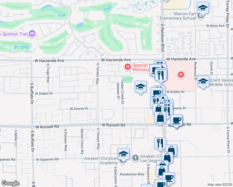 map of restaurants, bars, coffee shops, grocery stores, and more near 5503 Aleman Drive in Las Vegas
