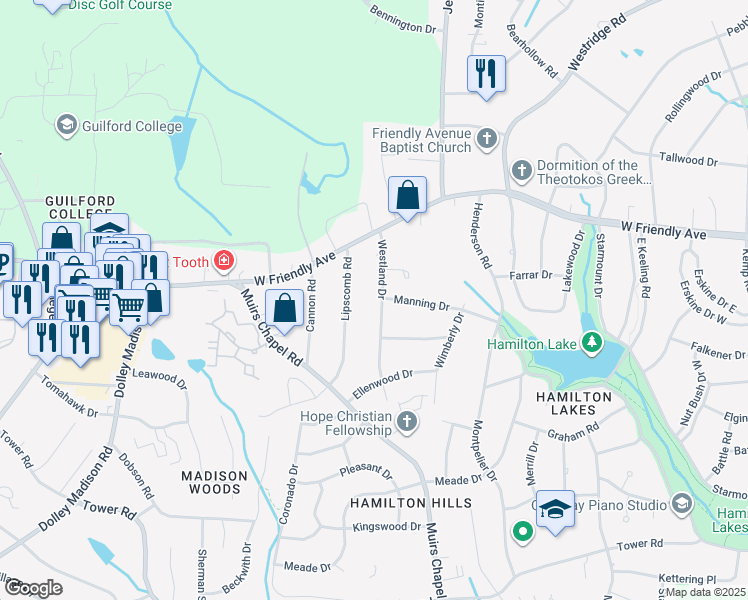 map of restaurants, bars, coffee shops, grocery stores, and more near 719 Westland Drive in Greensboro
