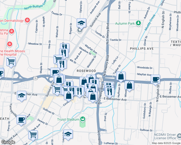 map of restaurants, bars, coffee shops, grocery stores, and more near 1123 East Lindsay Street in Greensboro