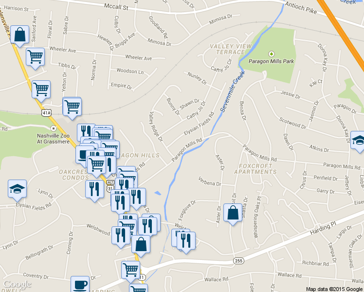 map of restaurants, bars, coffee shops, grocery stores, and more near 484 Paragon Mills Road in Nashville