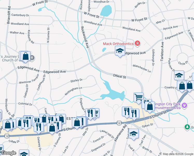 map of restaurants, bars, coffee shops, grocery stores, and more near 1933 Shirley Drive in Burlington