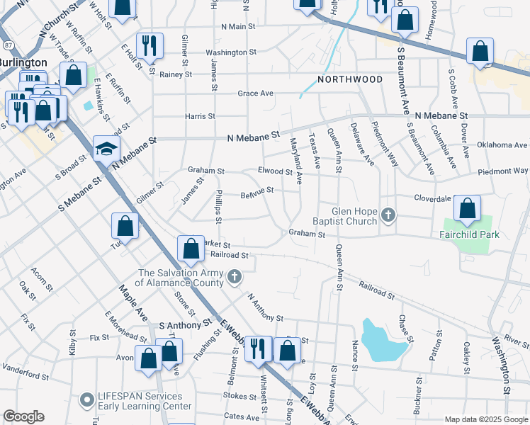 map of restaurants, bars, coffee shops, grocery stores, and more near 1019 Graham Street in Burlington