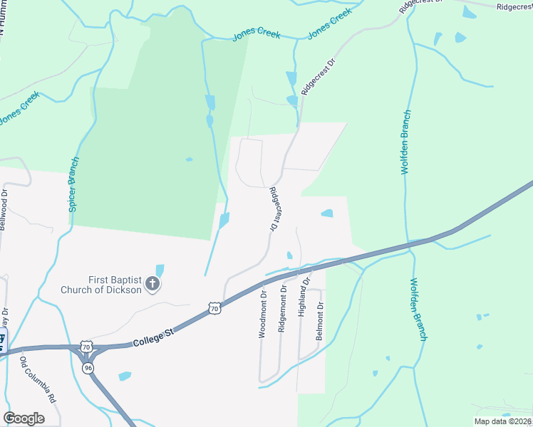 map of restaurants, bars, coffee shops, grocery stores, and more near 1025 Ridgecrest Drive in Dickson