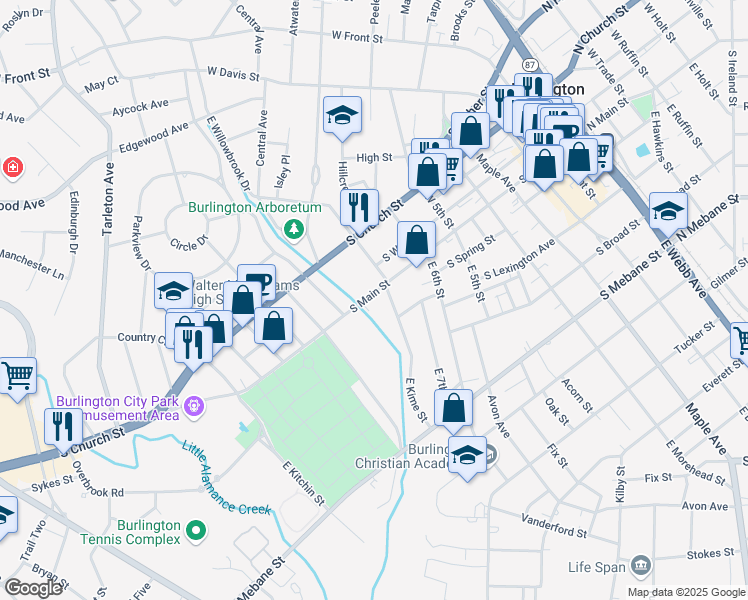 map of restaurants, bars, coffee shops, grocery stores, and more near 1012 South Main Street in Burlington