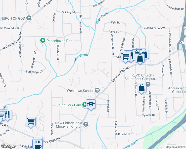 map of restaurants, bars, coffee shops, grocery stores, and more near 330 Coventry Park Lane in Winston-Salem