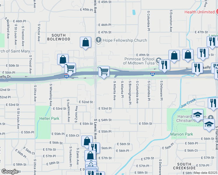 map of restaurants, bars, coffee shops, grocery stores, and more near 2442 East 51st Street in Tulsa