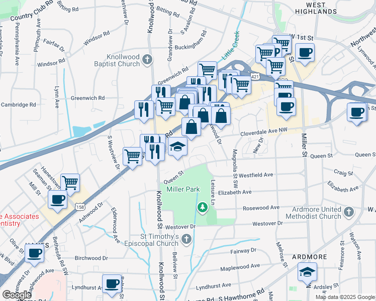 map of restaurants, bars, coffee shops, grocery stores, and more near 2519 Miller Park Circle in Winston-Salem